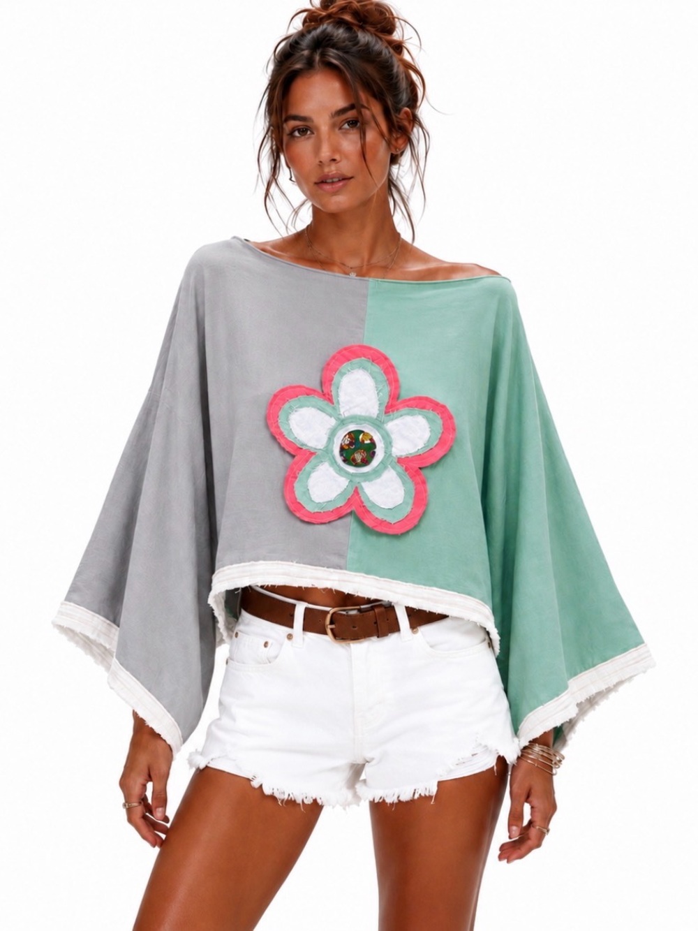 Organic Cotton Linen Boho Crop Top | Oversized Colorblock Kimono Sleeve Top M-L